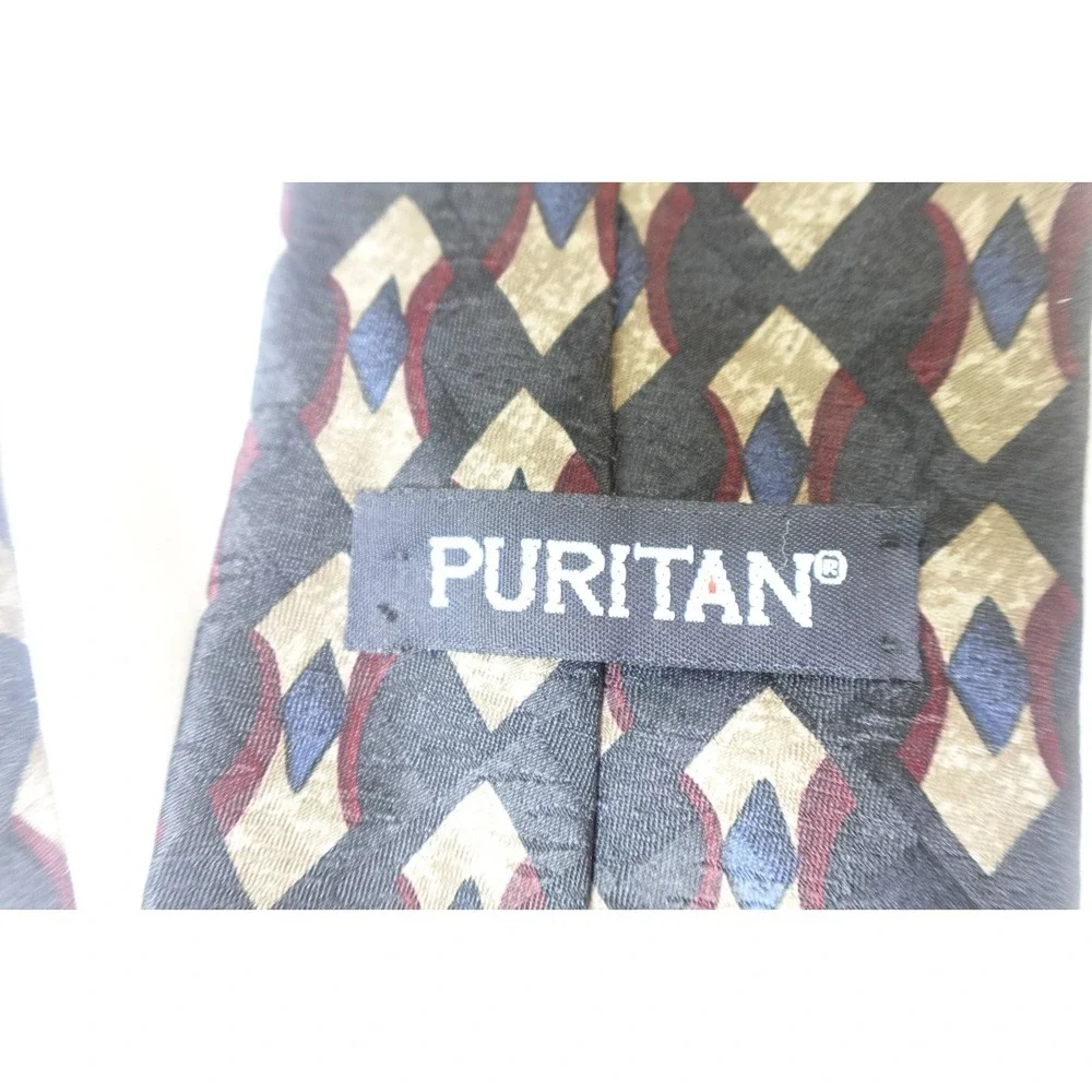 Puritan Tie Black Gold Red Diamond Pattern Vintage 90s Mens Necktie‎ Classic